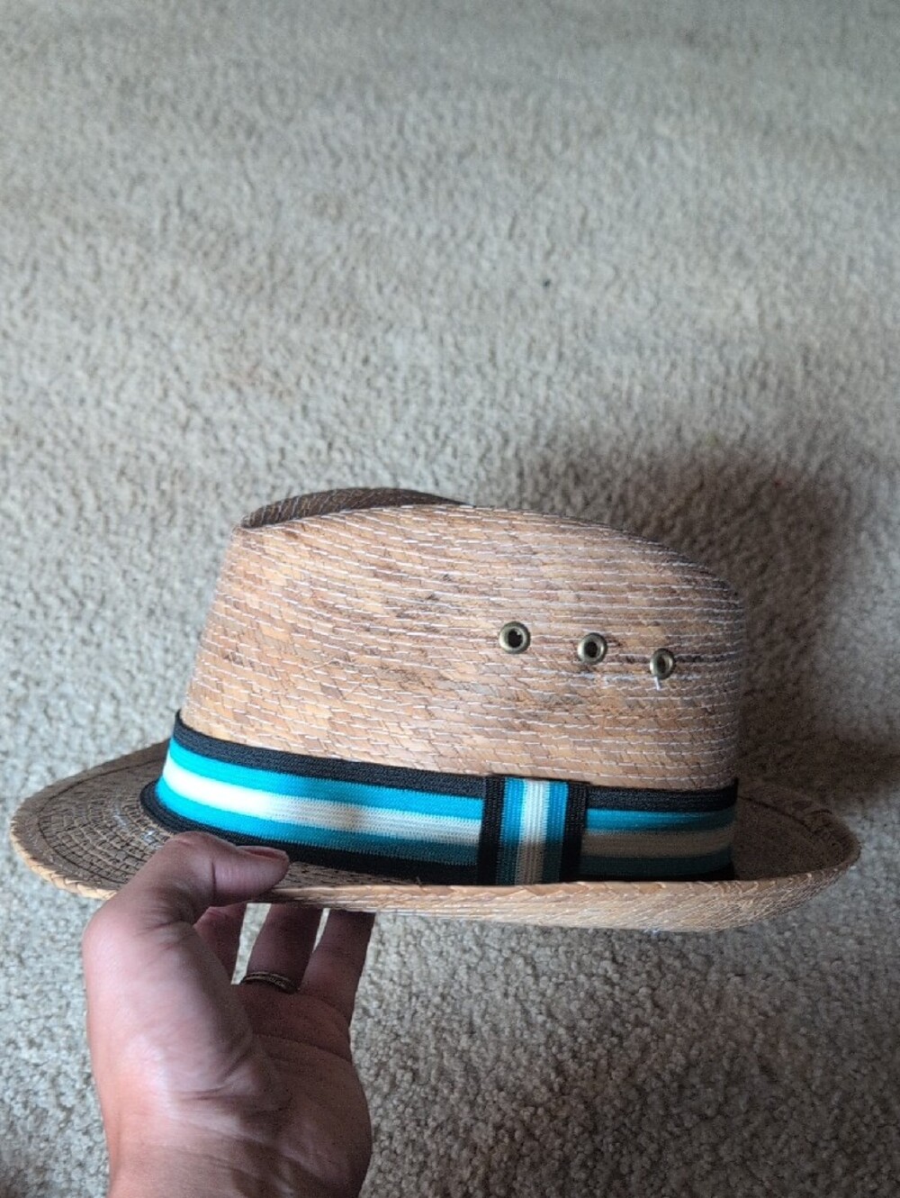 Striped Band Straw Fedora Hat - Natural with Blue Accent - Picture 3 of 7